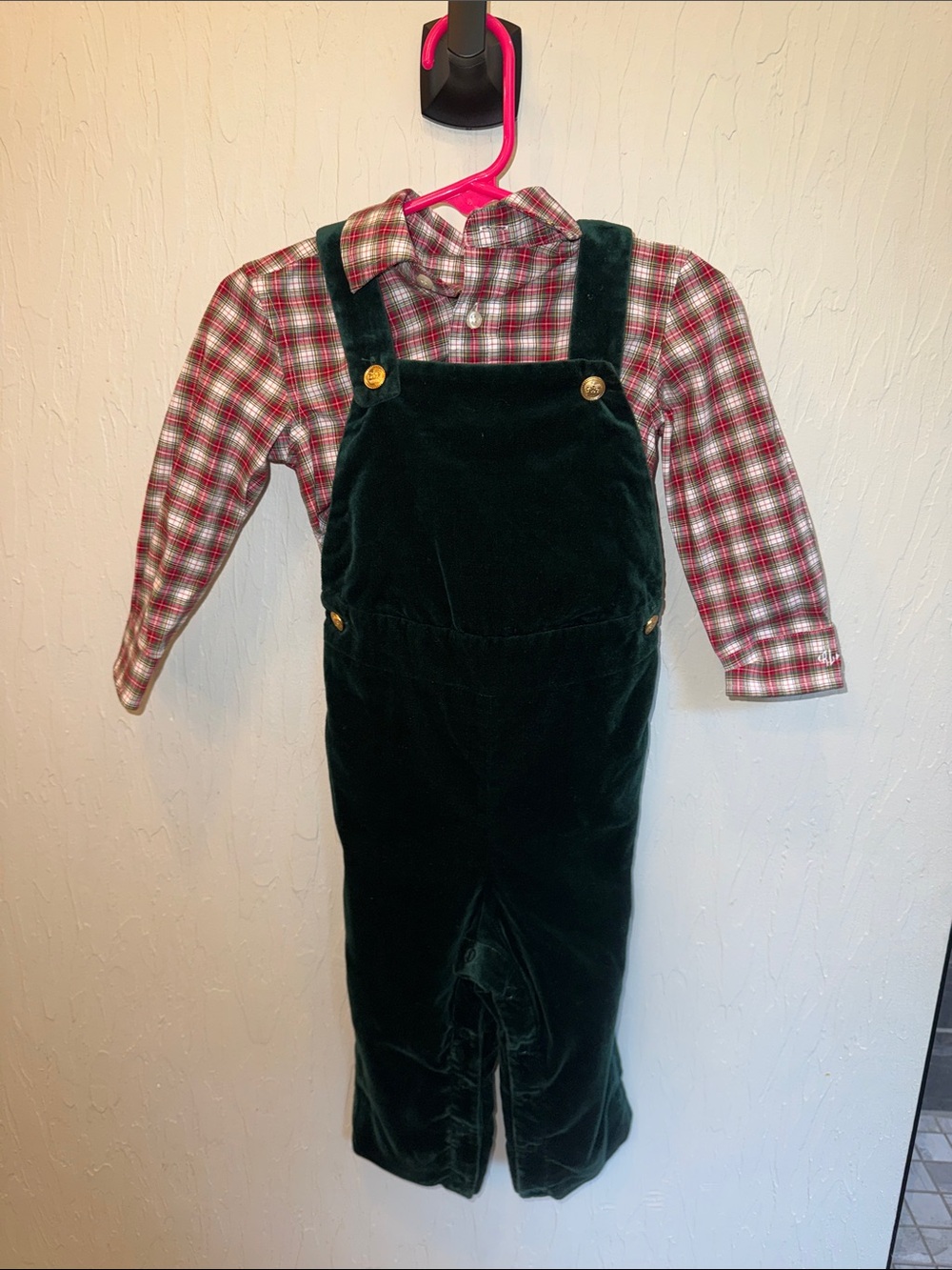 Ralph LaurenGreen Velvet Overalls and Plaid Shirt, 12 month (retail $175)